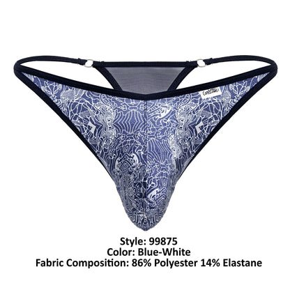 Blue-white patterned CandyMan 99875 thong with intricate white line art, black elastic straps, and mesh back detailing
