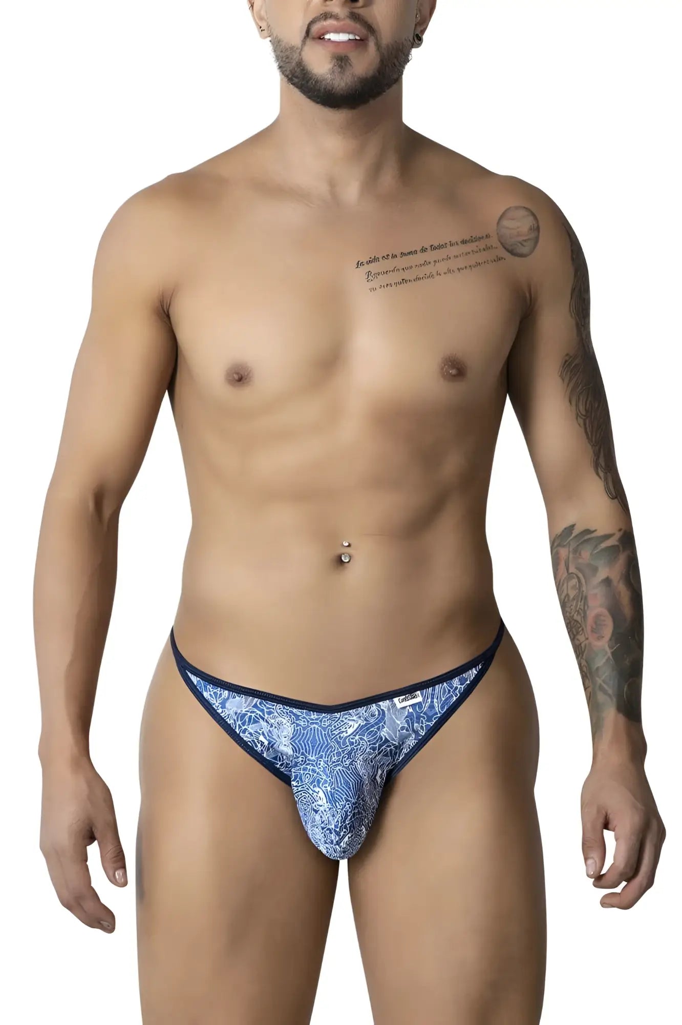 Blue patterned candyMan 99875 thong with navy trim featuring water prints in blue and white colors