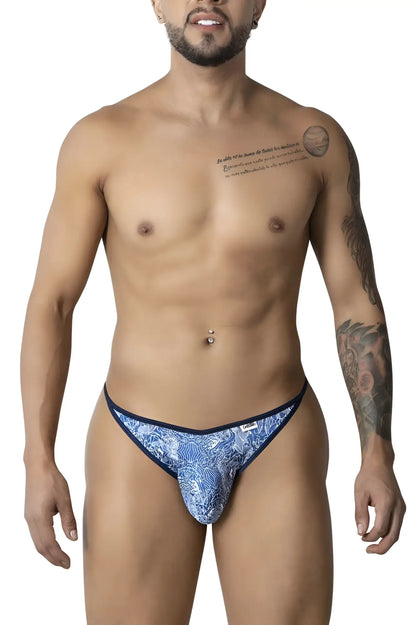 Blue patterned candyMan 99875 thong with navy trim featuring water prints in blue and white colors