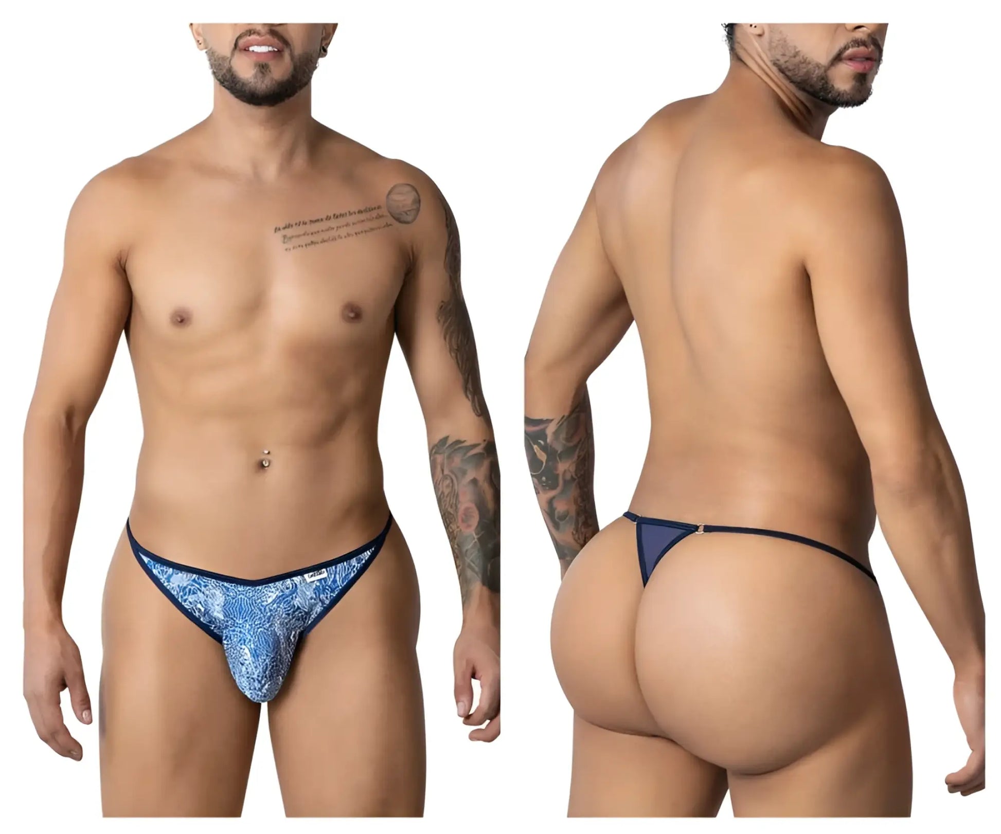 CandyMan 99875 water prints blue-white thong with blue patterned fabric and navy trim, front view