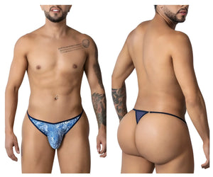 CandyMan 99875 water prints blue-white thong with blue patterned fabric and navy trim, front view
