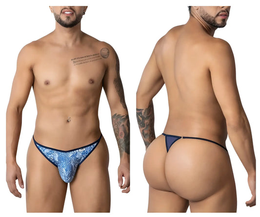 CandyMan 99875 water prints blue-white thong with blue patterned fabric and navy trim, front view
