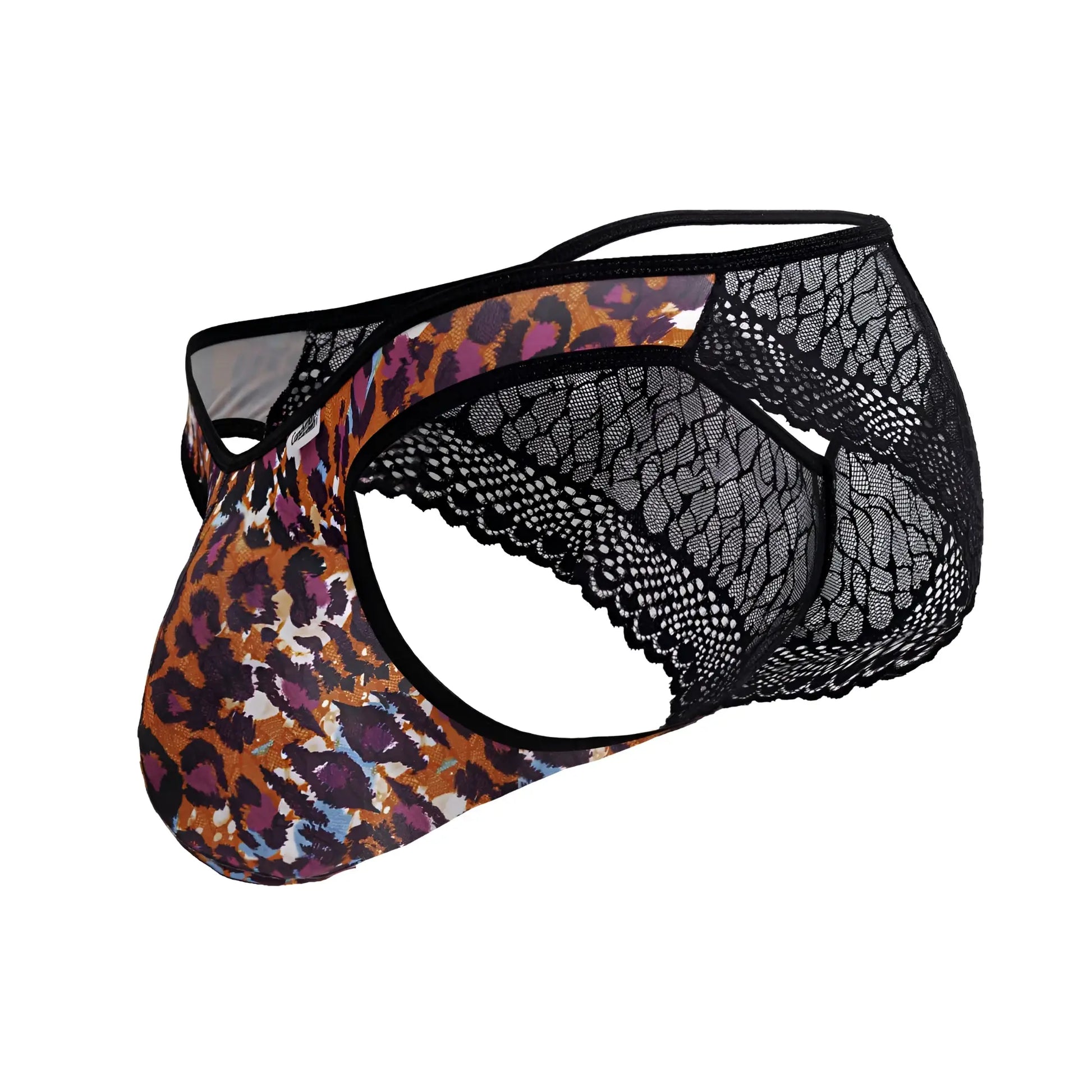 CandyMan 99876 leopard briefs men’s leopard print lace trimmed with bold orange purple and black patterned front panel