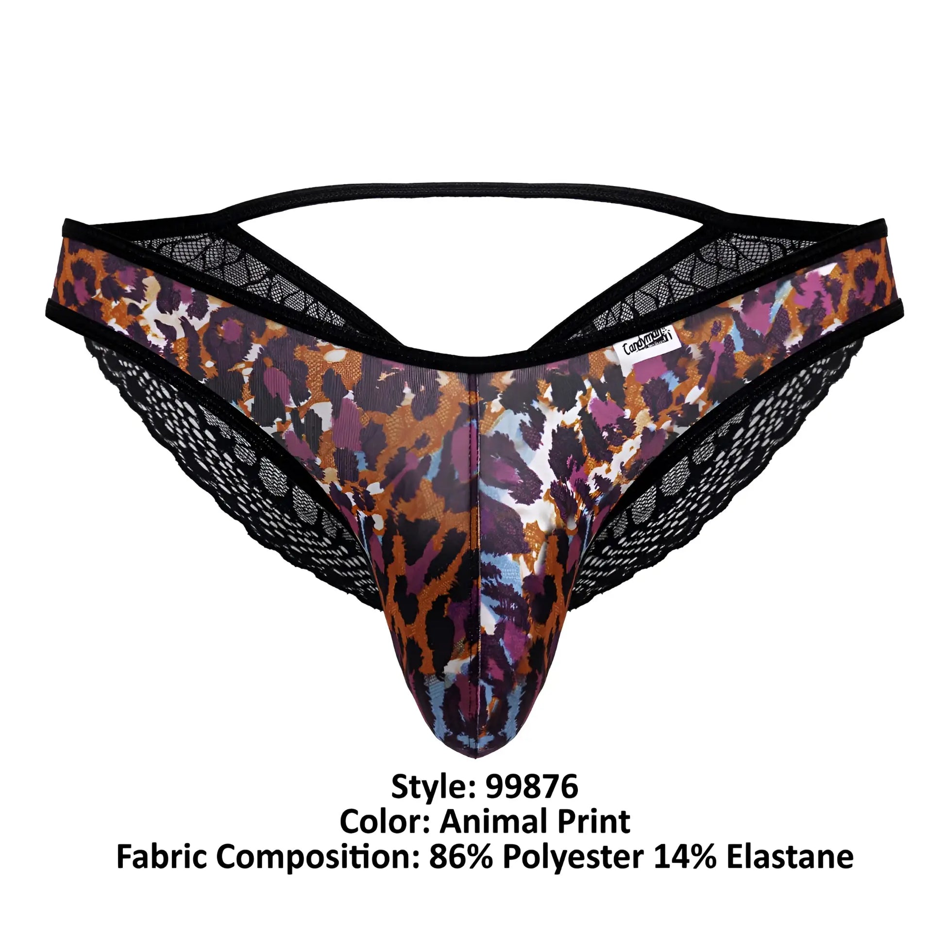 A men’s thong candyMan 99876 featuring bold brown purple and black animal print with intricate lace trim edges