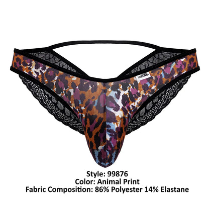 A men’s thong candyMan 99876 featuring bold brown purple and black animal print with intricate lace trim edges