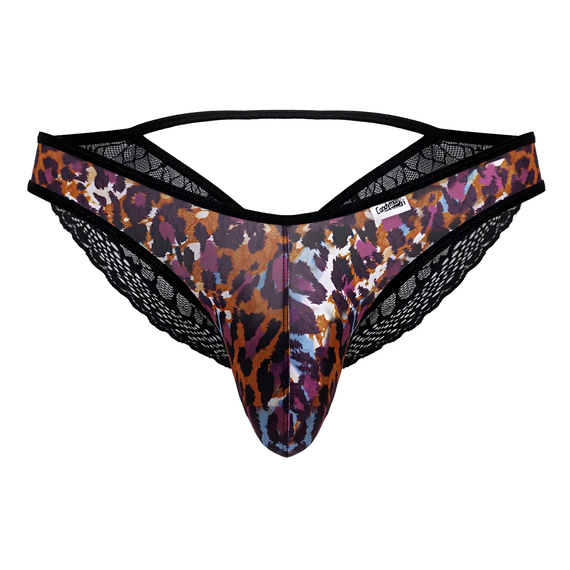 A men’s thong CandyMan 99876 featuring bold multicolored leopard print with black lace trim and a central brown purple orange blue panel