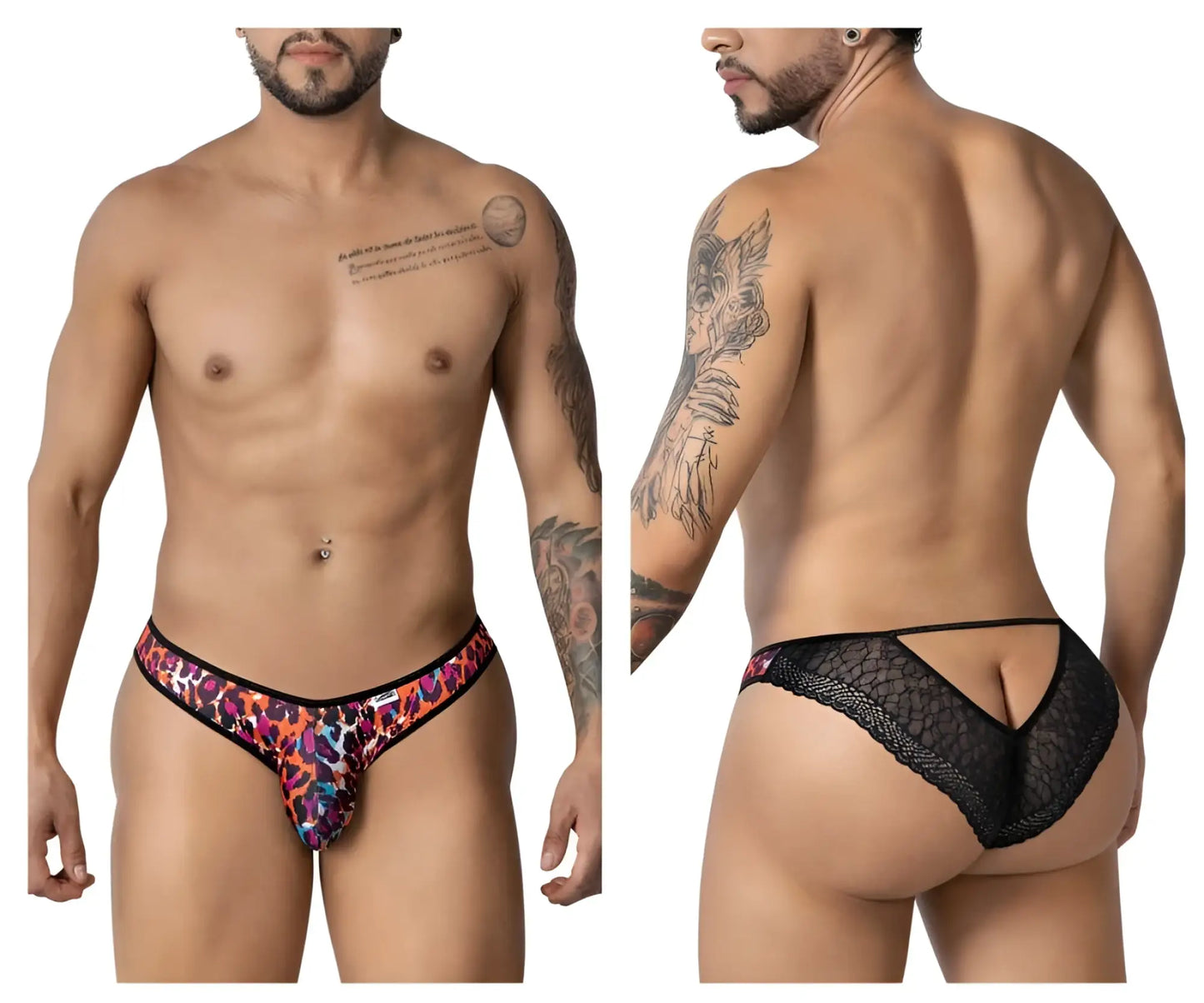 CandyMan 99876 leopard briefs feature vibrant animal print front and sheer black lace mesh back for men