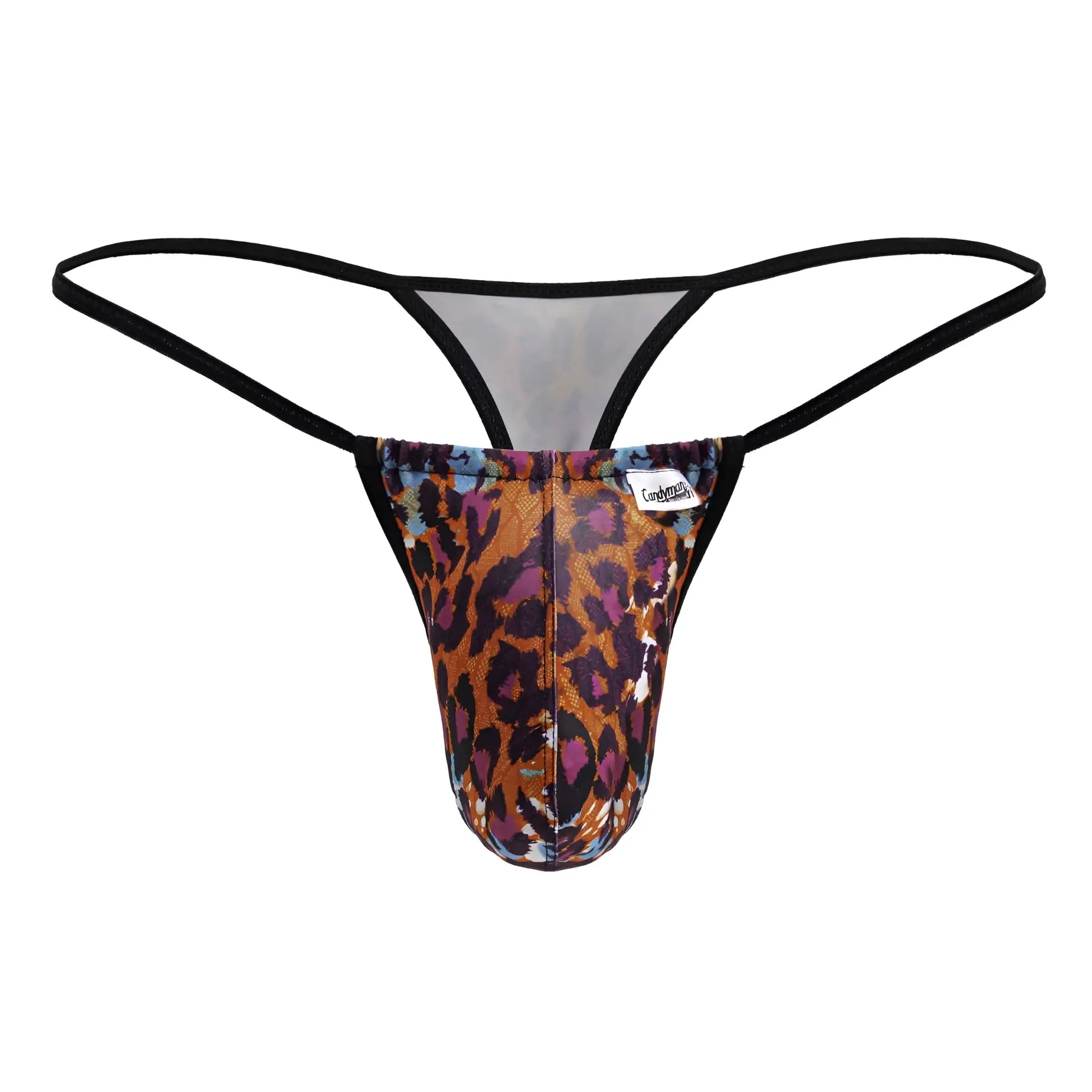 A men’s thong from Candyman 99877 with bold orange purple and black leopard print and black elastic straps