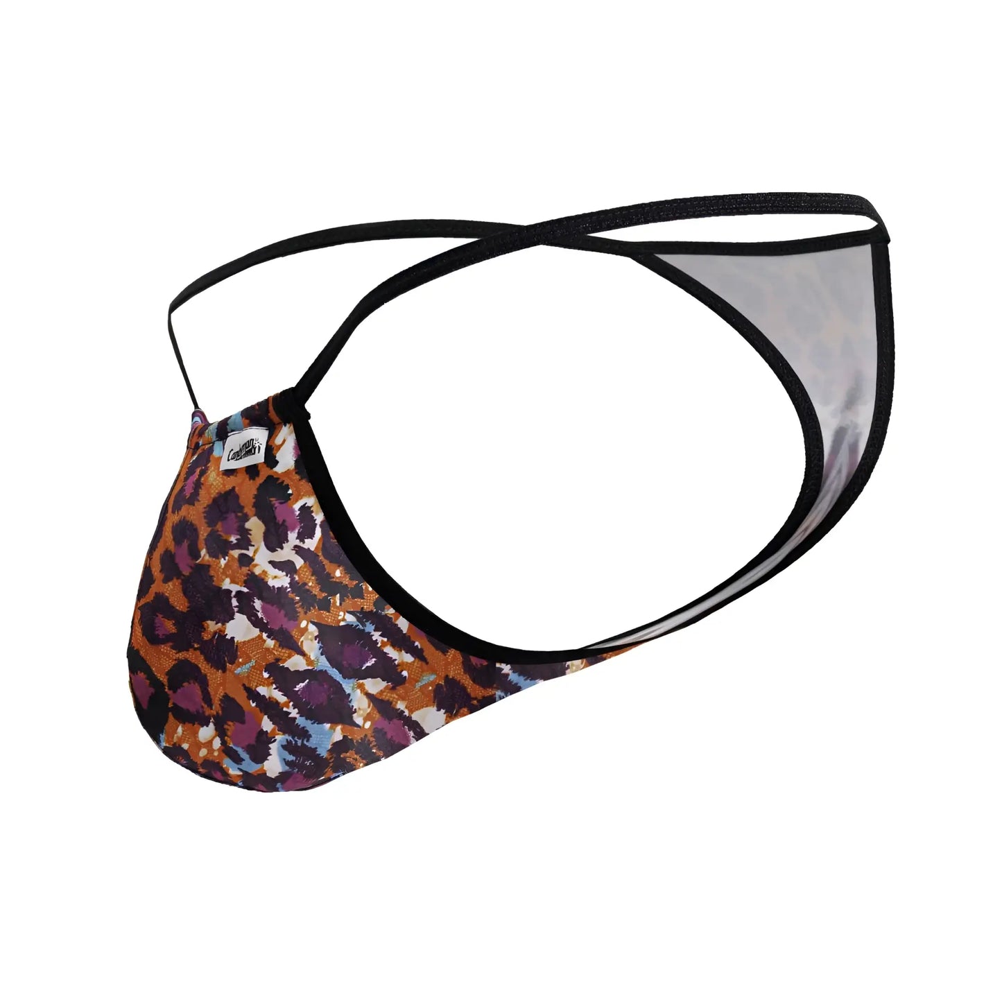 A men’s thong candyMan 99877 with bold leopard print in orange purple and blue with black trim