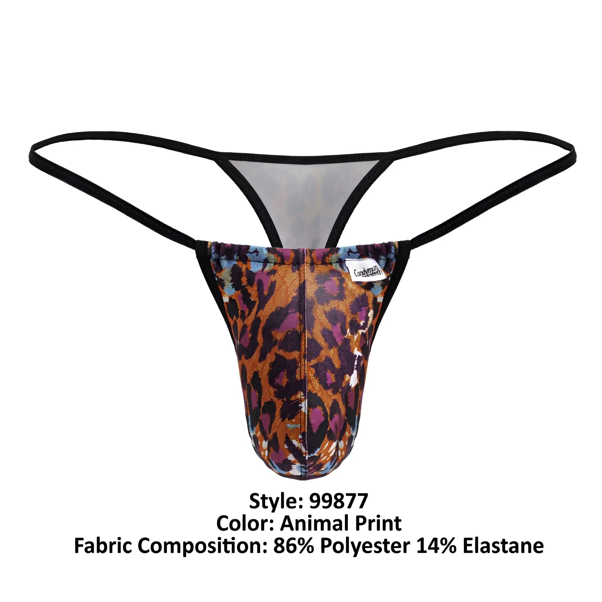 A men’s thong with bold CandyMan 99877 leopard animal print in orange brown and purple with black elastic straps