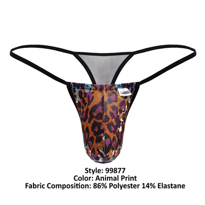 A men’s thong with bold CandyMan 99877 leopard animal print in orange brown and purple with black elastic straps