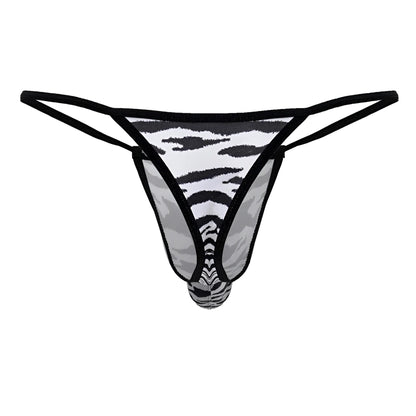 CandyMan 99877 zebra thongs in black and gray zebra print with sheer mesh fabric shown from the back side