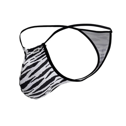 Black and white zebra-striped men’s thong with black trim.