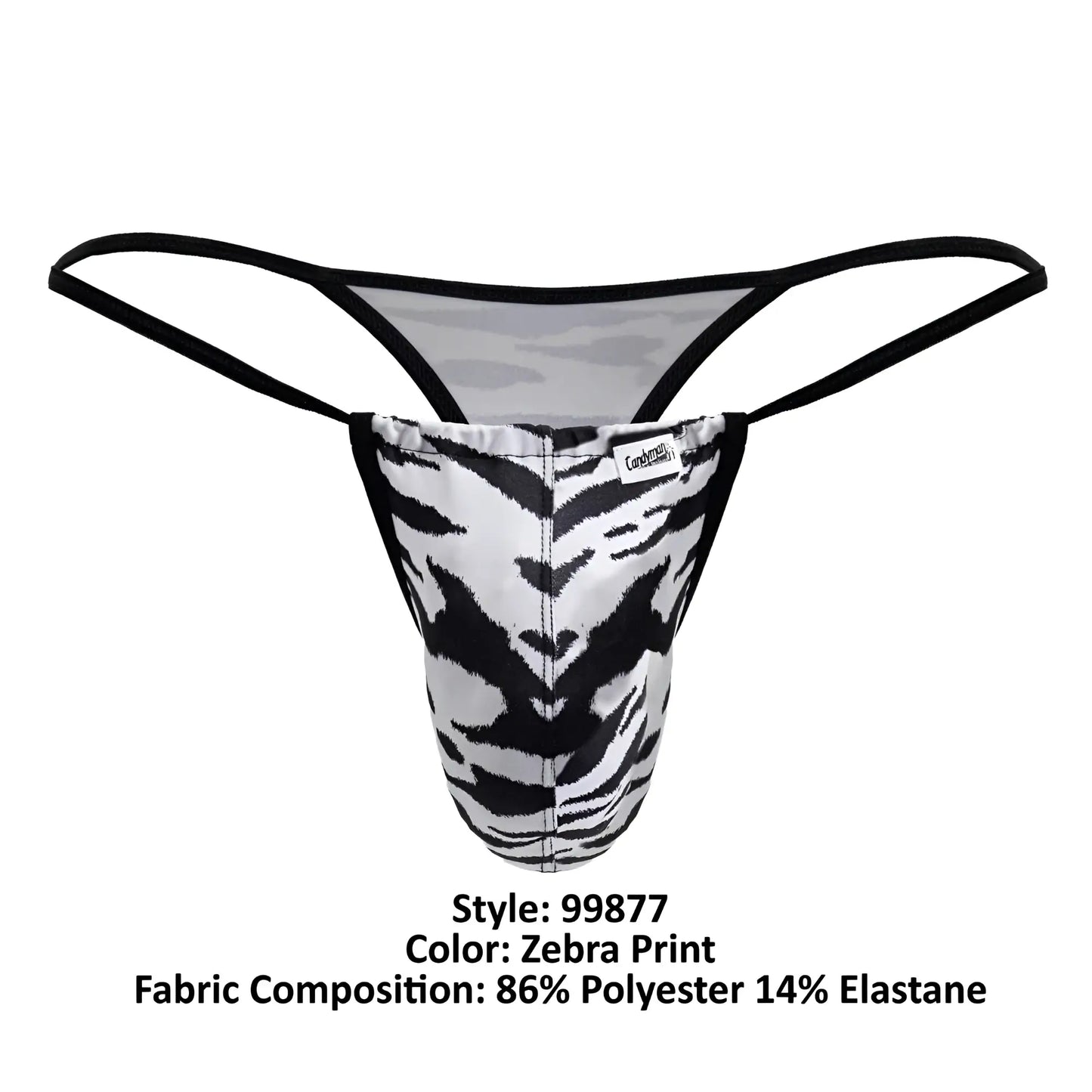 Black and white zebra-print CandyMan 99877 thong with black elastic straps showing the back side of the product