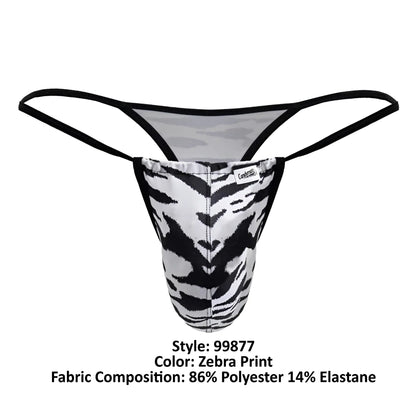 Black and white zebra-print CandyMan 99877 thong with black elastic straps showing the back side of the product
