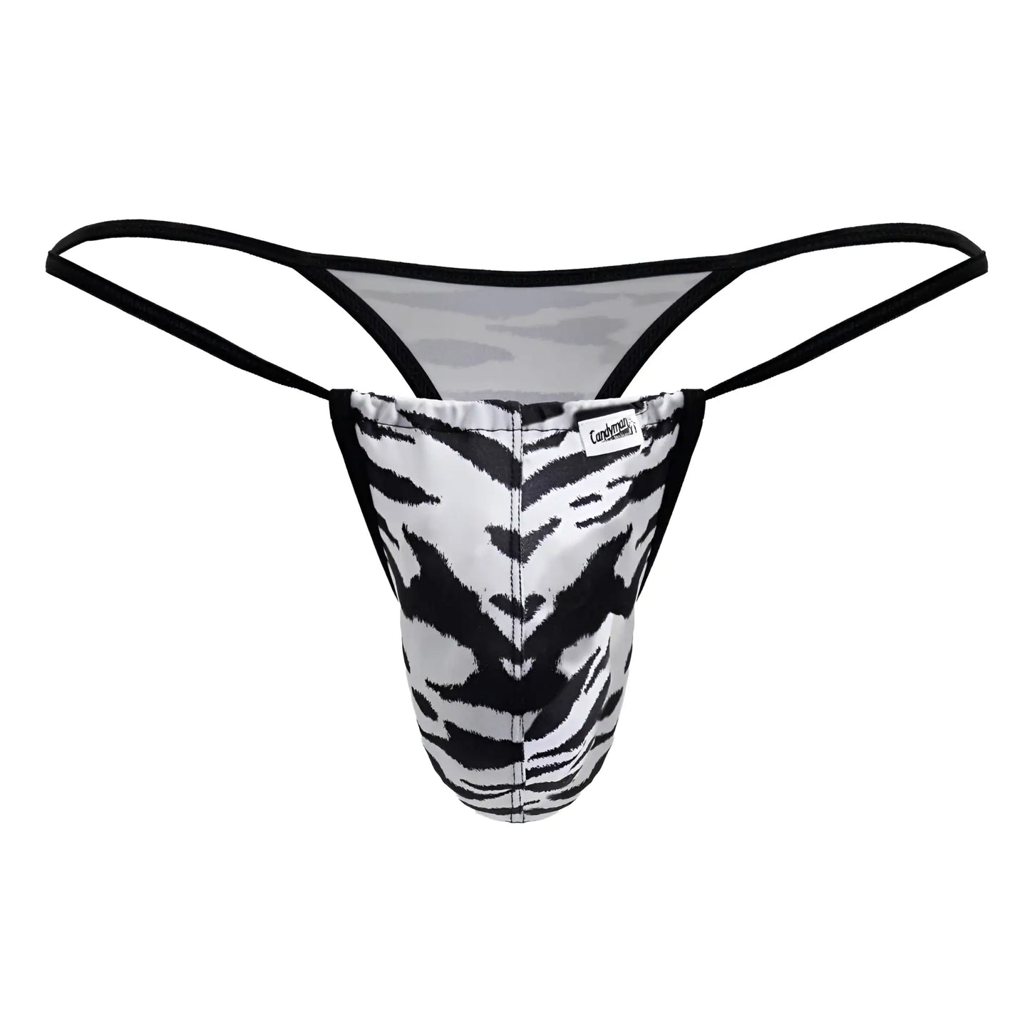 Black and white tiger-striped thong with black elastic straps from candyman 99877 zebra thongs color zebra print