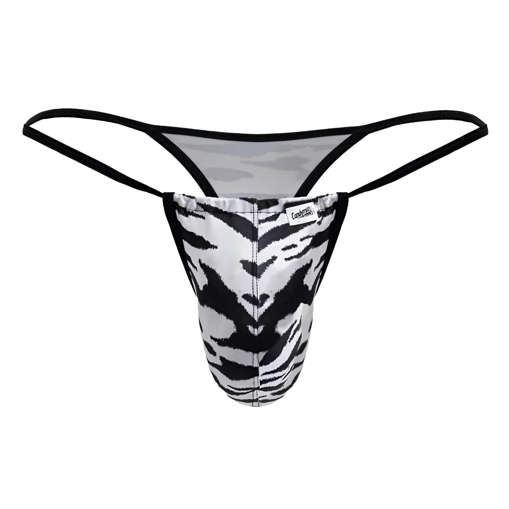 Black and white tiger-striped thong with black elastic straps from candyman 99877 zebra thongs color zebra print