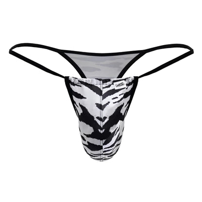 Black and white tiger-striped thong with black elastic straps from candyman 99877 zebra thongs color zebra print