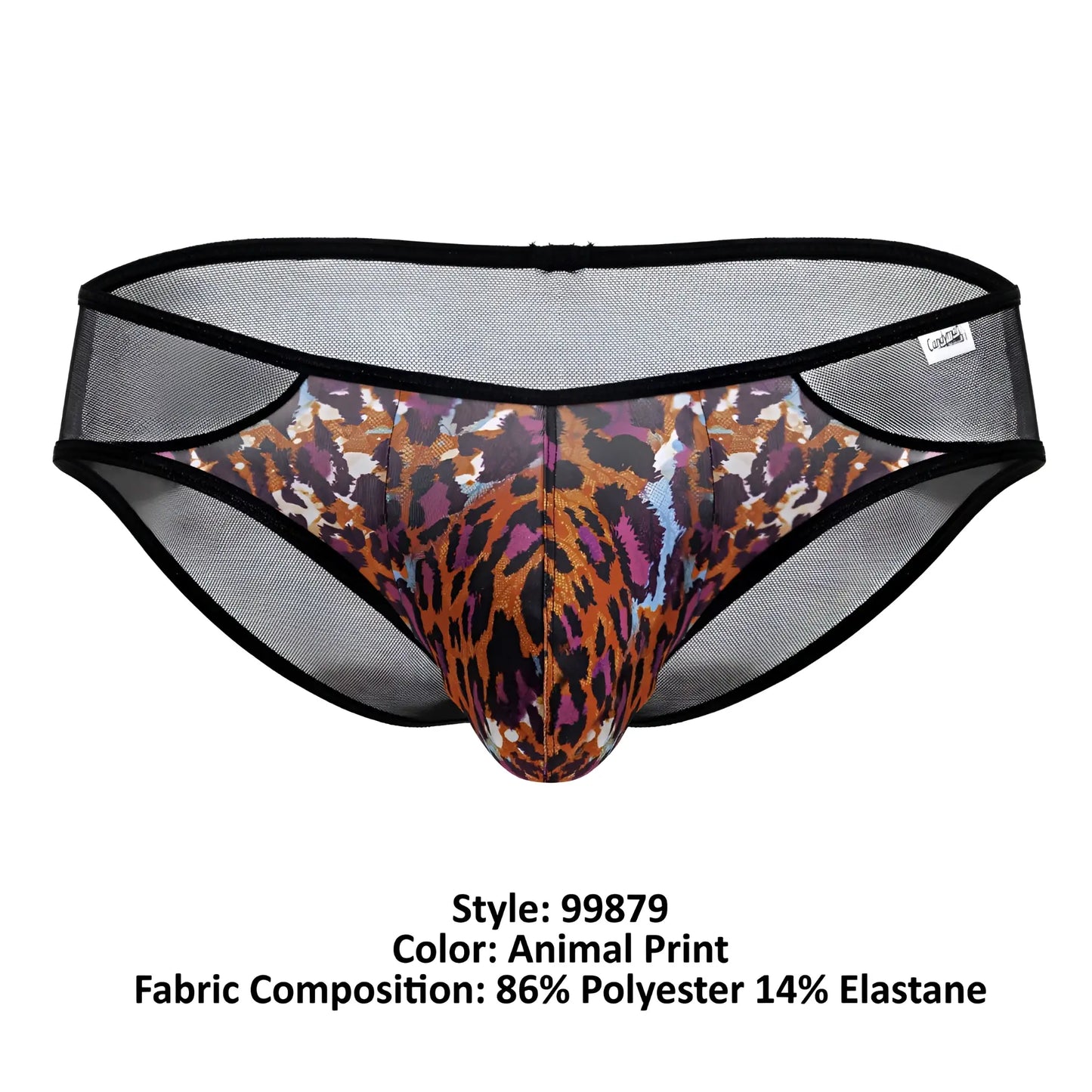 Black mesh briefs with bold orange brown and purple leopard animal print from candyman 99879 collection
