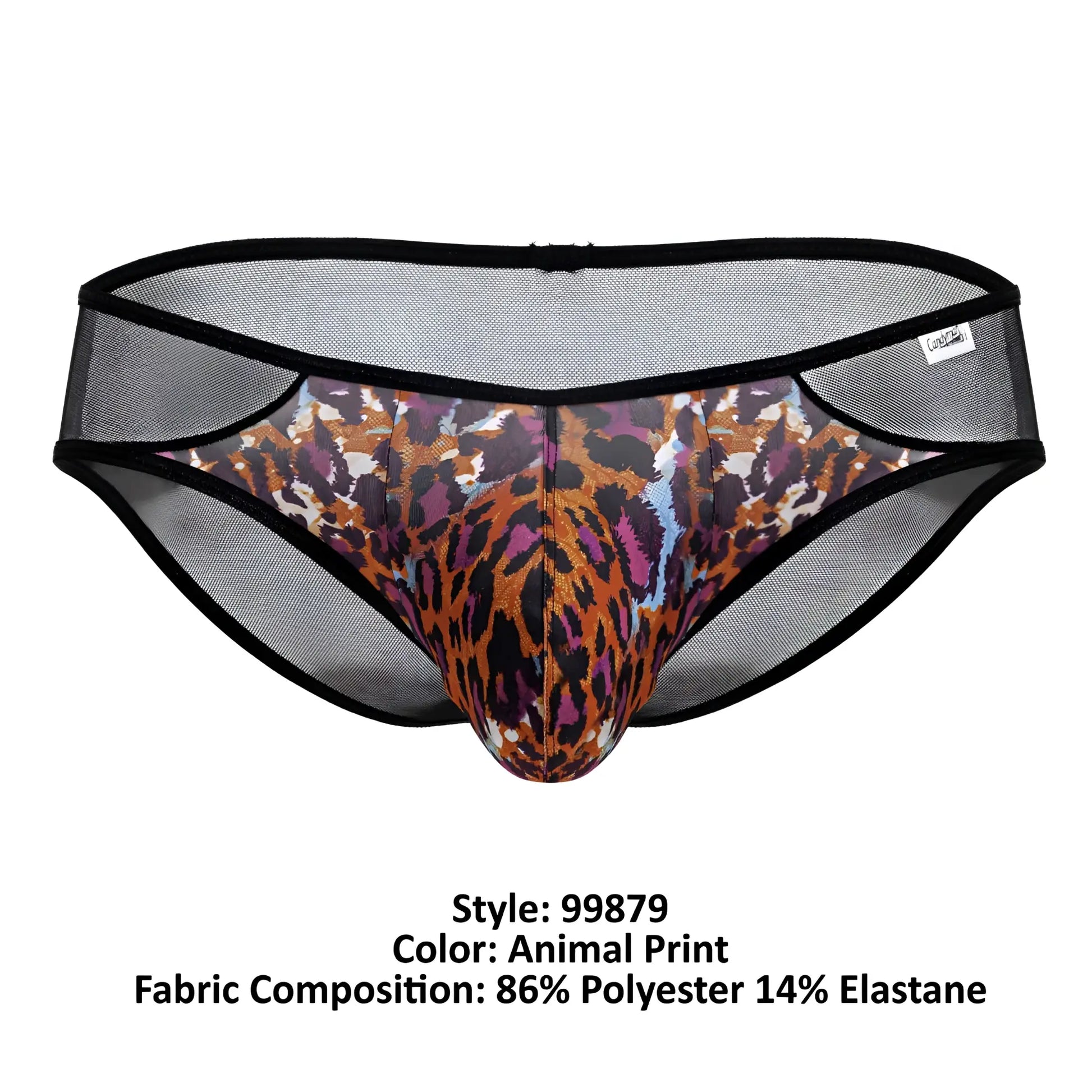 Black mesh briefs with bold orange brown and purple leopard animal print from candyman 99879 collection