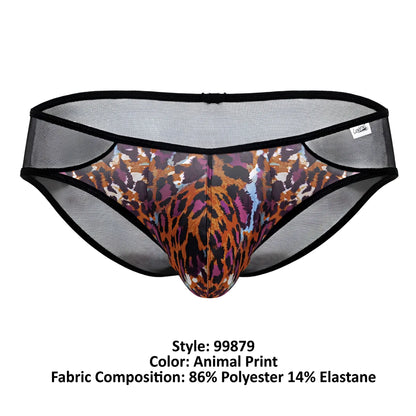 Black mesh briefs with bold orange brown and purple leopard animal print from candyman 99879 collection
