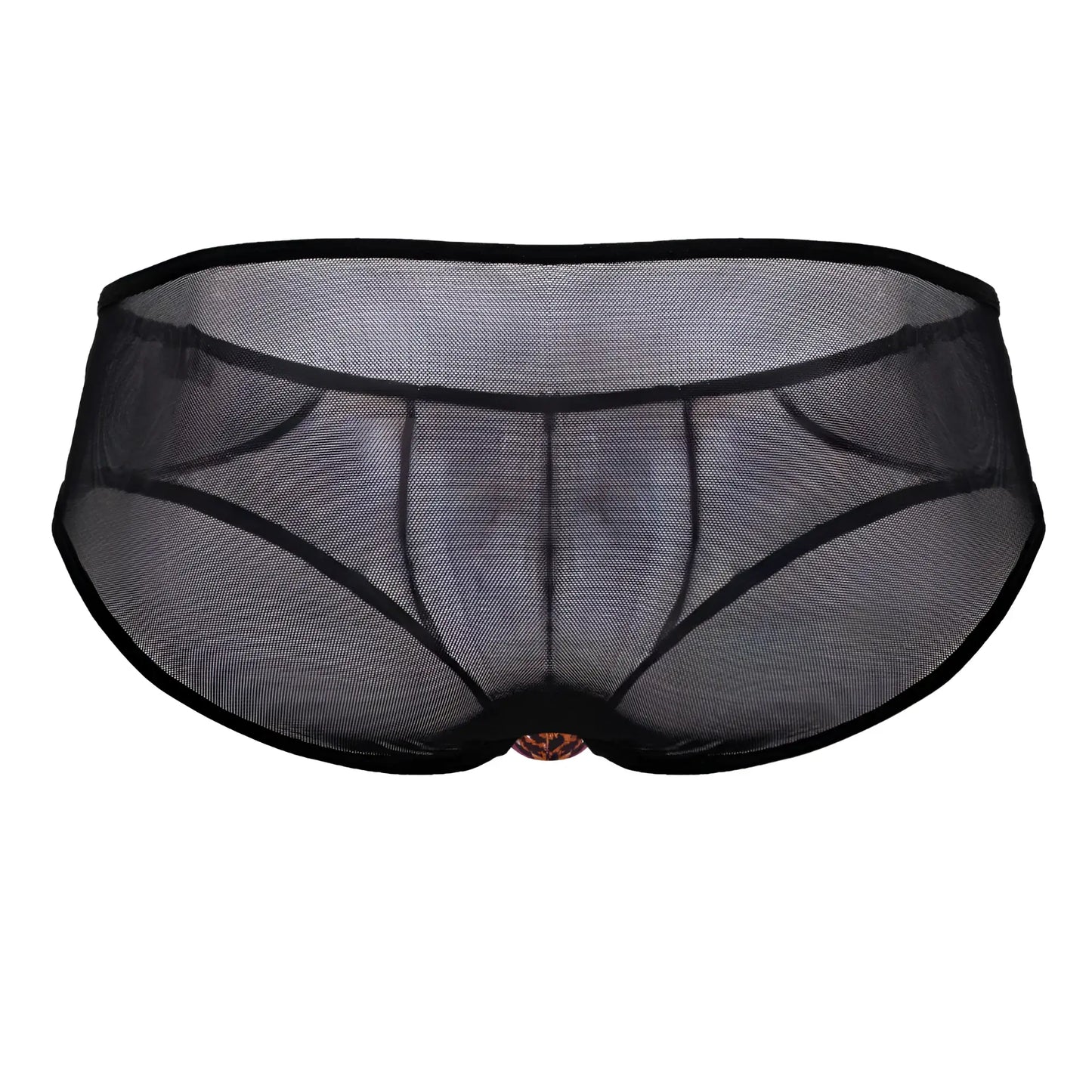 Black mesh CandyMan 99879 leopard briefs with solid waistband and gold ornate clasp at the center front