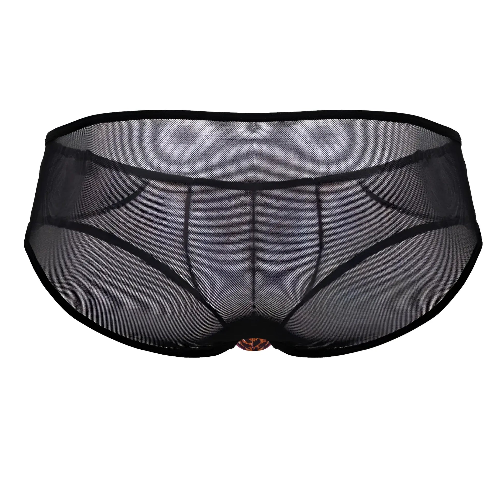 Black mesh CandyMan 99879 leopard briefs with solid waistband and gold ornate clasp at the center front
