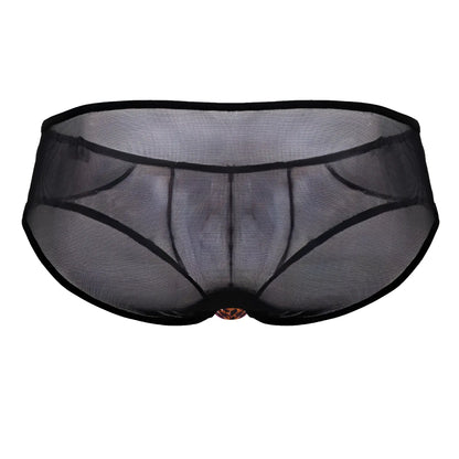 Black mesh CandyMan 99879 leopard briefs with solid waistband and gold ornate clasp at the center front