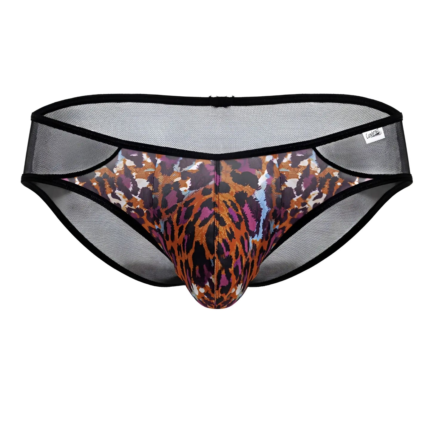 CandyMan 99879 leopard briefs in black mesh with vibrant multi-colored animal print pattern for men