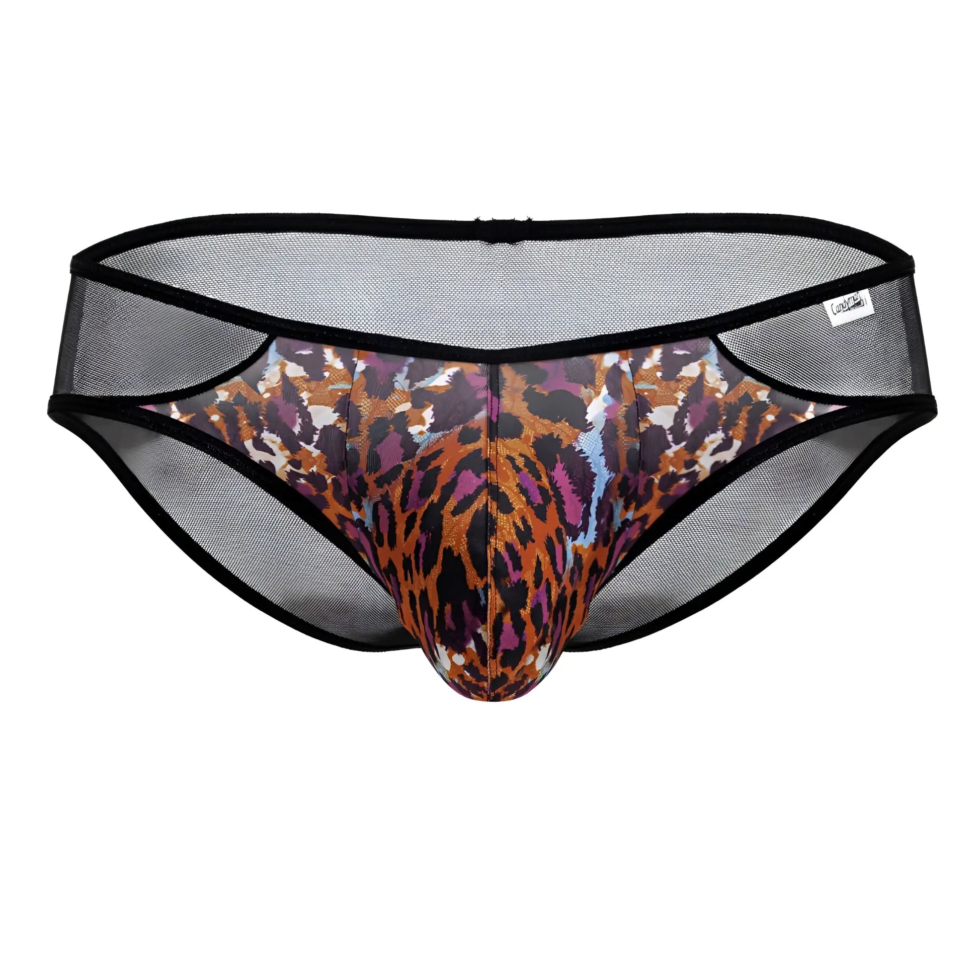 CandyMan 99879 leopard briefs in black mesh with vibrant multi-colored animal print pattern for men