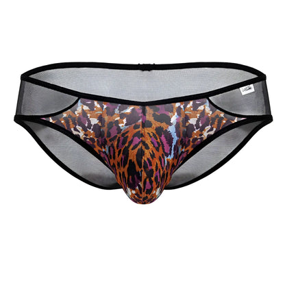 CandyMan 99879 leopard briefs in black mesh with vibrant multi-colored animal print pattern for men