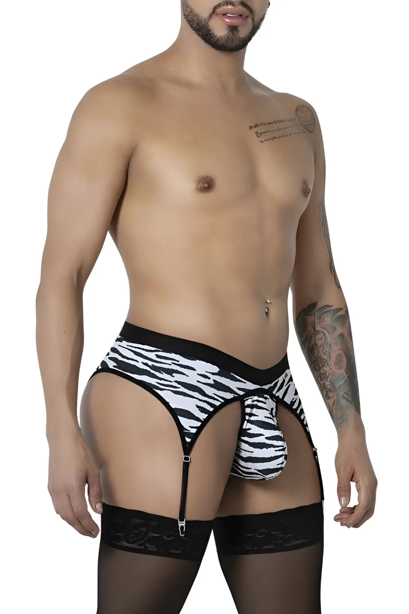Black and white zebra-print garter belt with lace trim from Candyman 99881 zebra thongs collection