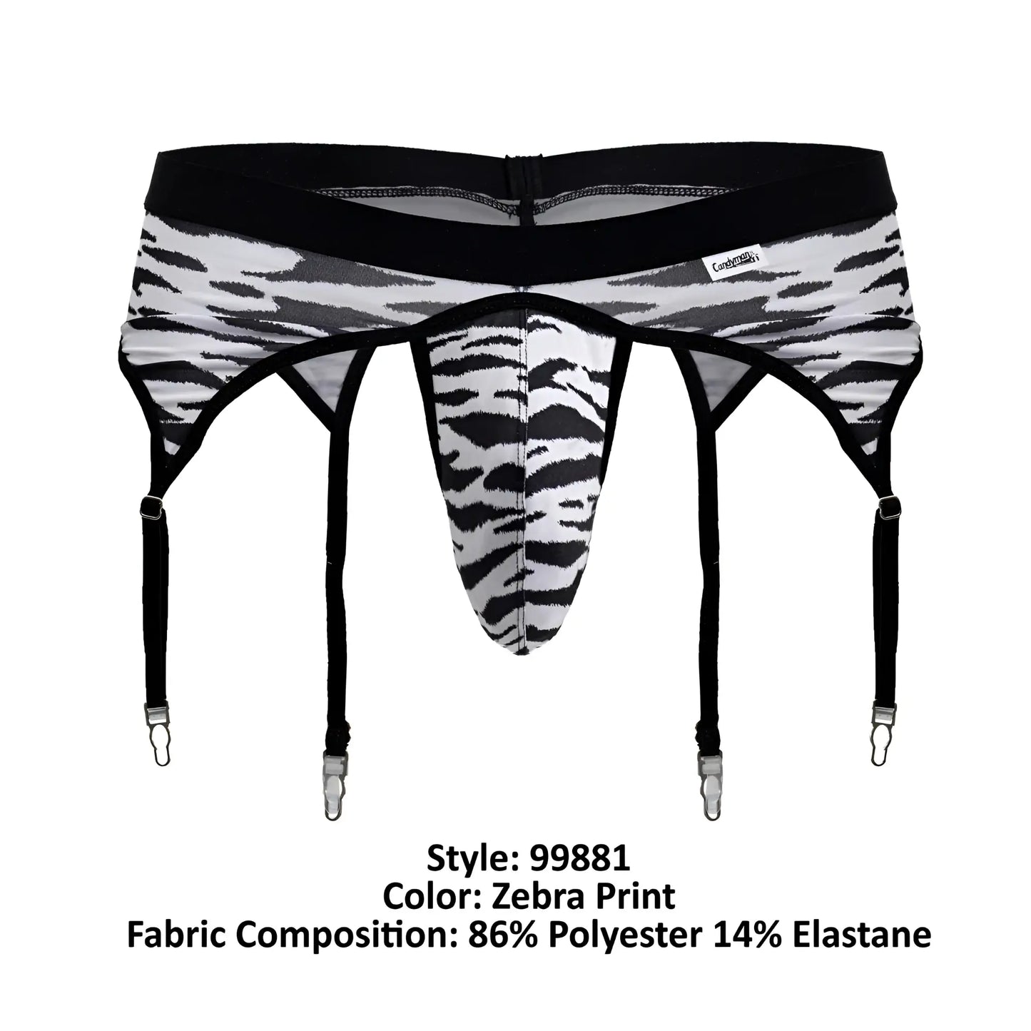 CandyMan 99881 zebra thongs zebra print black and white zebra print men’s briefs with four adjustable straps front view