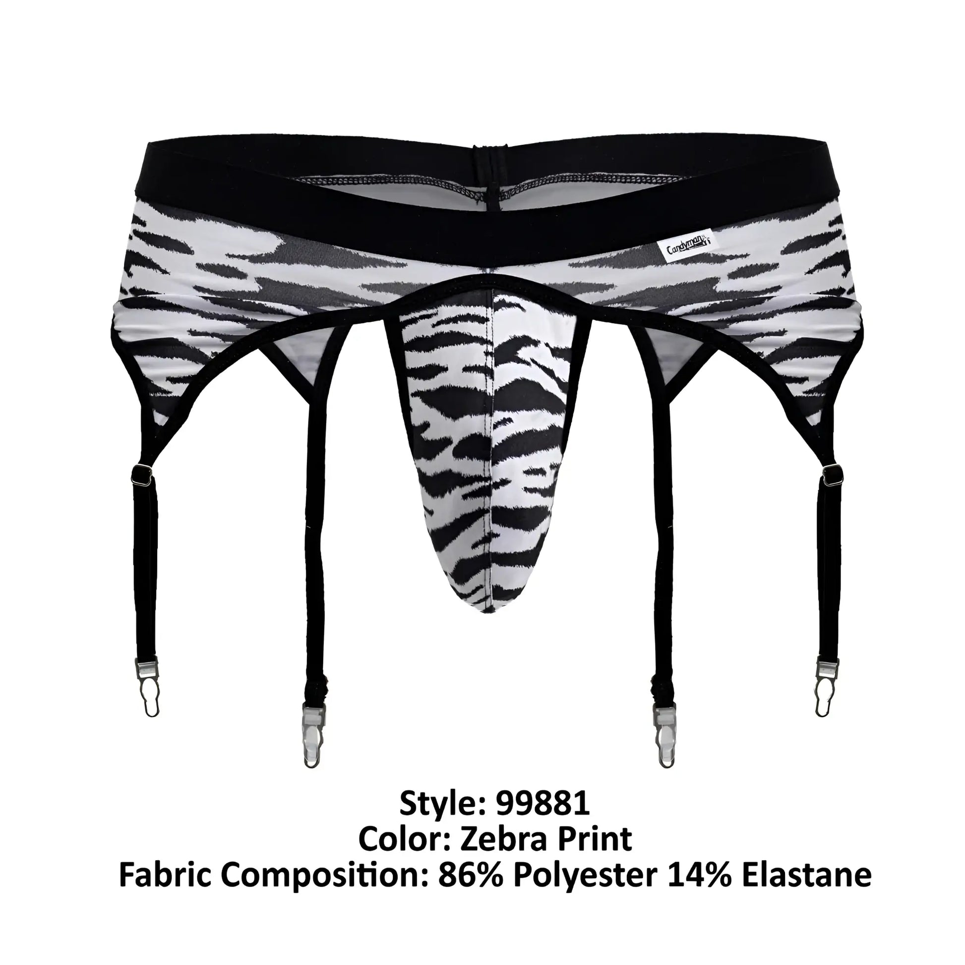 CandyMan 99881 zebra thongs zebra print black and white zebra print men’s briefs with four adjustable straps front view