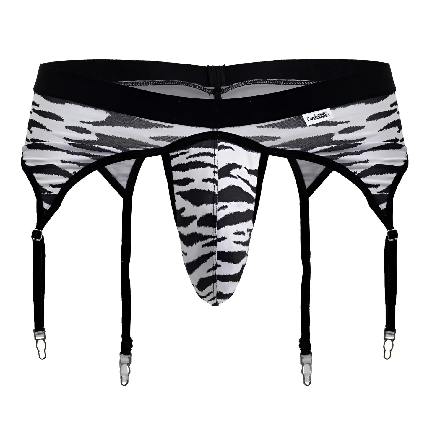 CandyMan 99881 zebra print men’s garter belt in black and white with four adjustable straps for secure fit