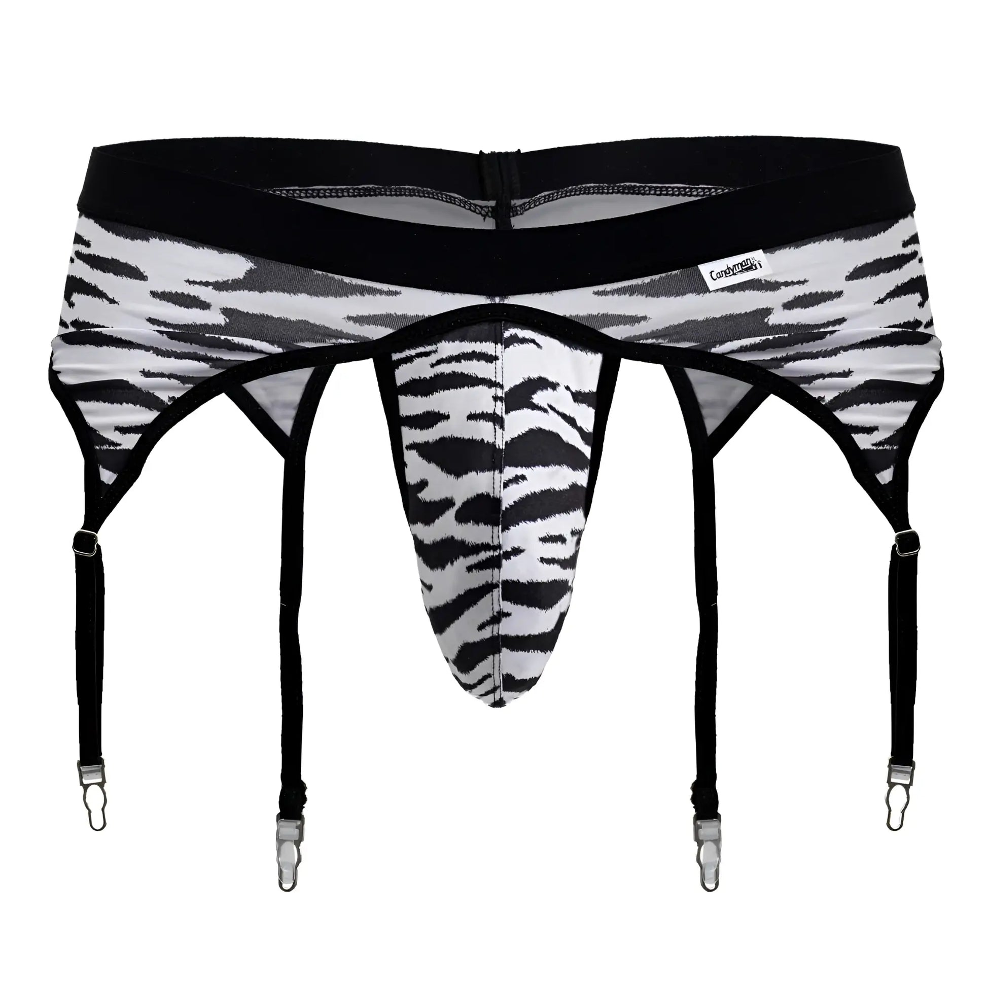 CandyMan 99881 zebra print men’s garter belt in black and white with four adjustable straps for secure fit