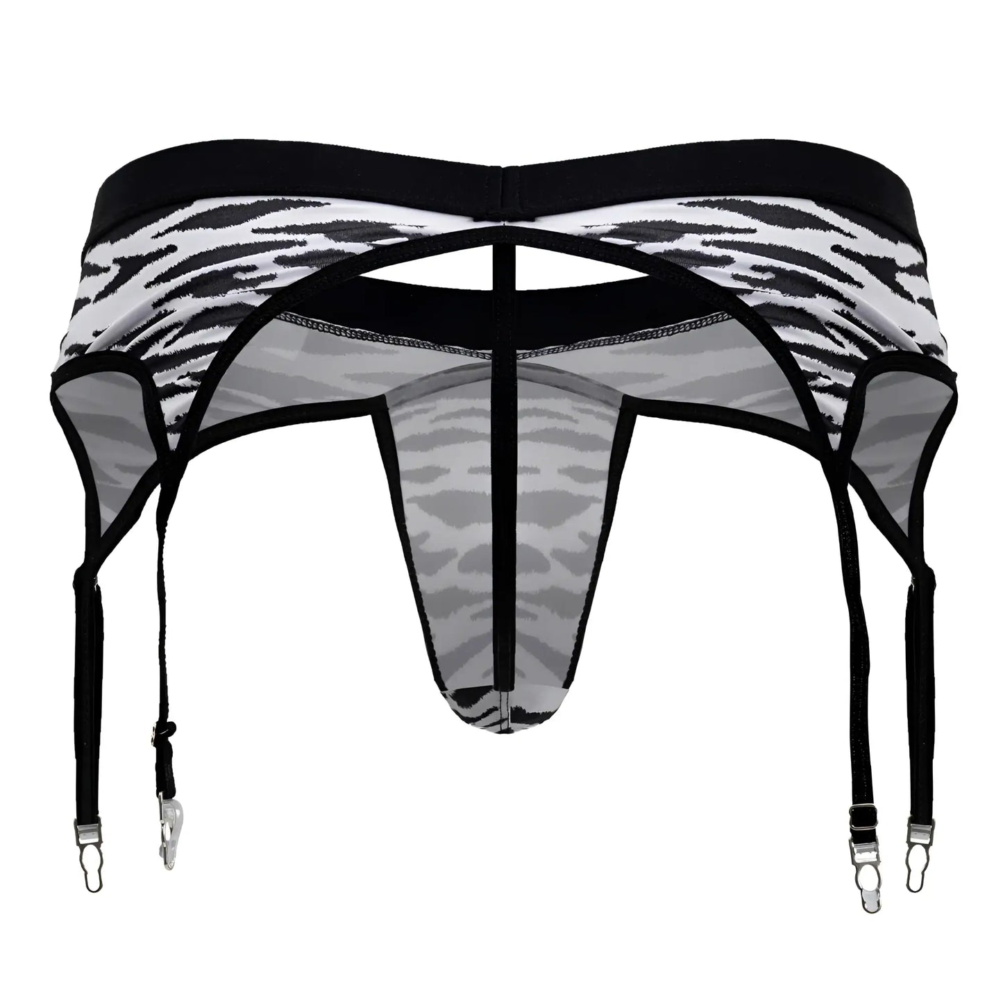 CandyMan 99881 zebra print men’s garter belt with black and white zebra print sheer mesh panels and metal clasps