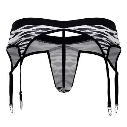 CandyMan 99881 zebra print men’s garter belt with black and white zebra print sheer mesh panels and metal clasps