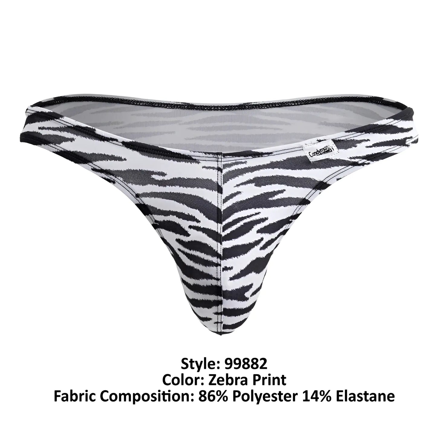 Black and white zebra print thong candyMan 99882 made of 86 polyester and 14 elastane shown from the back