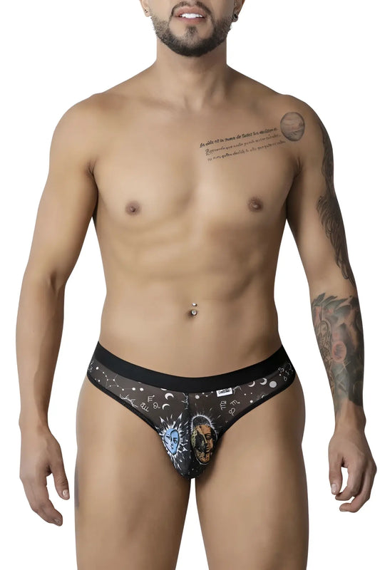 Black lace CandyMan 99885 thongs with celestial moons stars and illustrated face in black and white colors