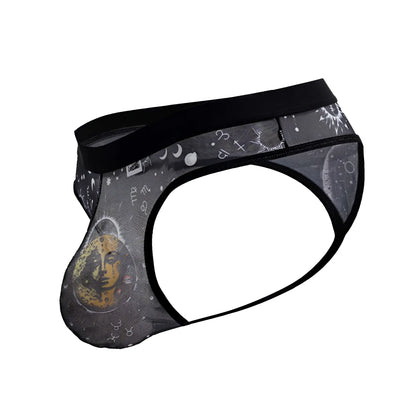 Black mesh briefs candyMan 99885 sun moon thongs with white astrological symbols and yellow face design on front