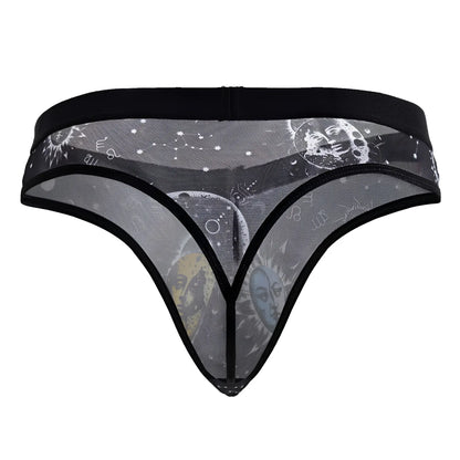 Black mesh thong with grayscale celestial moon sun and star design candy man 99885 sun moon thongs black white