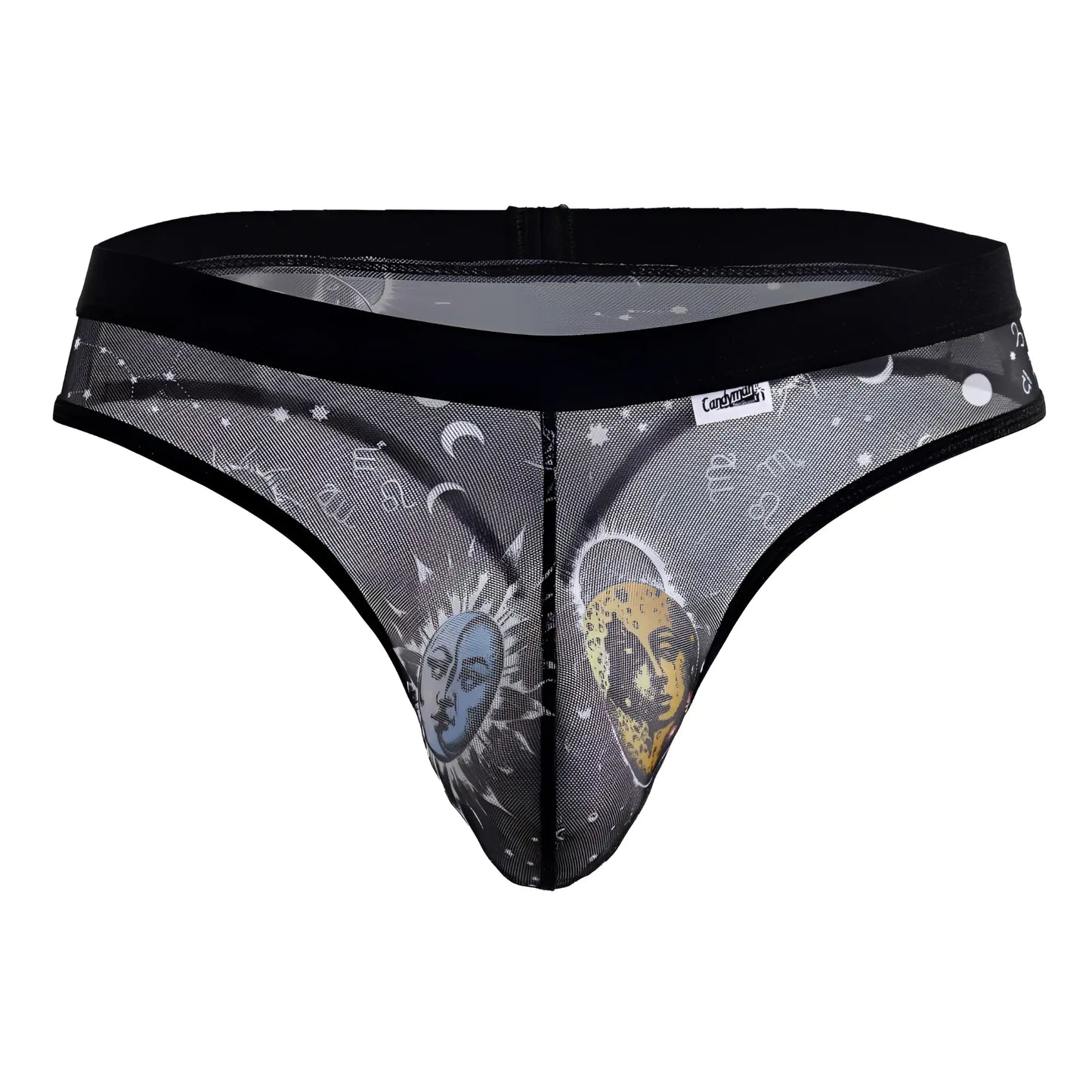 Black candy man 99885 mesh thong with blue sun face yellow moon face and zodiac designs on gray sheer fabric