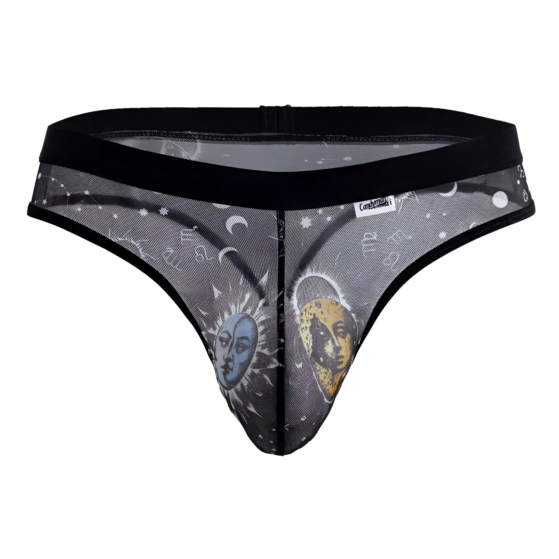 Black candy man 99885 mesh thong with blue sun face yellow moon face and zodiac designs on gray sheer fabric