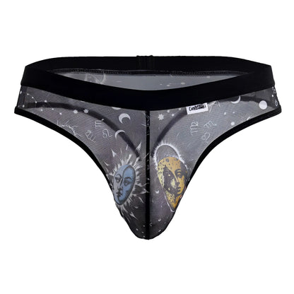 Black candy man 99885 mesh thong with blue sun face yellow moon face and zodiac designs on gray sheer fabric