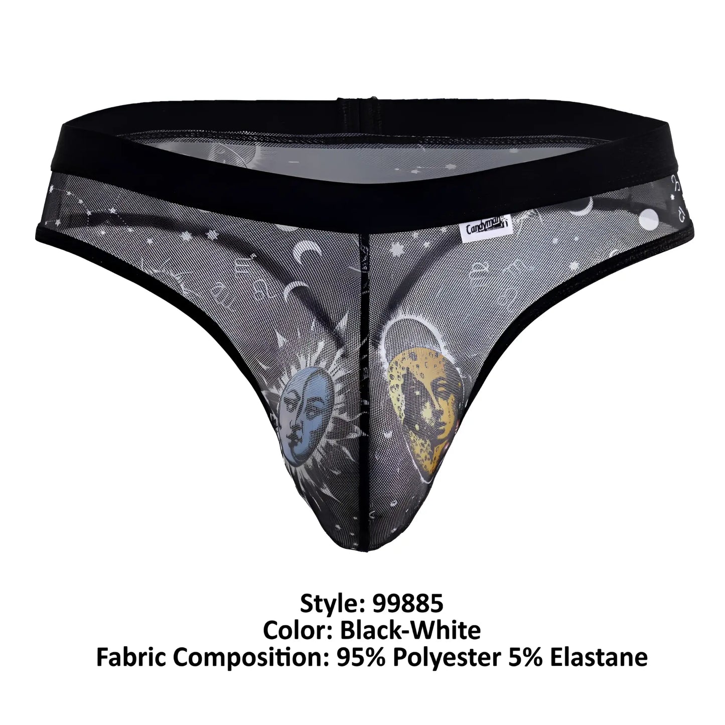 Black and white sheer mesh thong with celestial blue sun face yellow moon face stars and astrological symbols candy man 99885