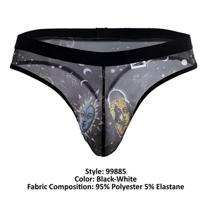 Black and white sheer mesh thong with celestial blue sun face yellow moon face stars and astrological symbols candy man 99885