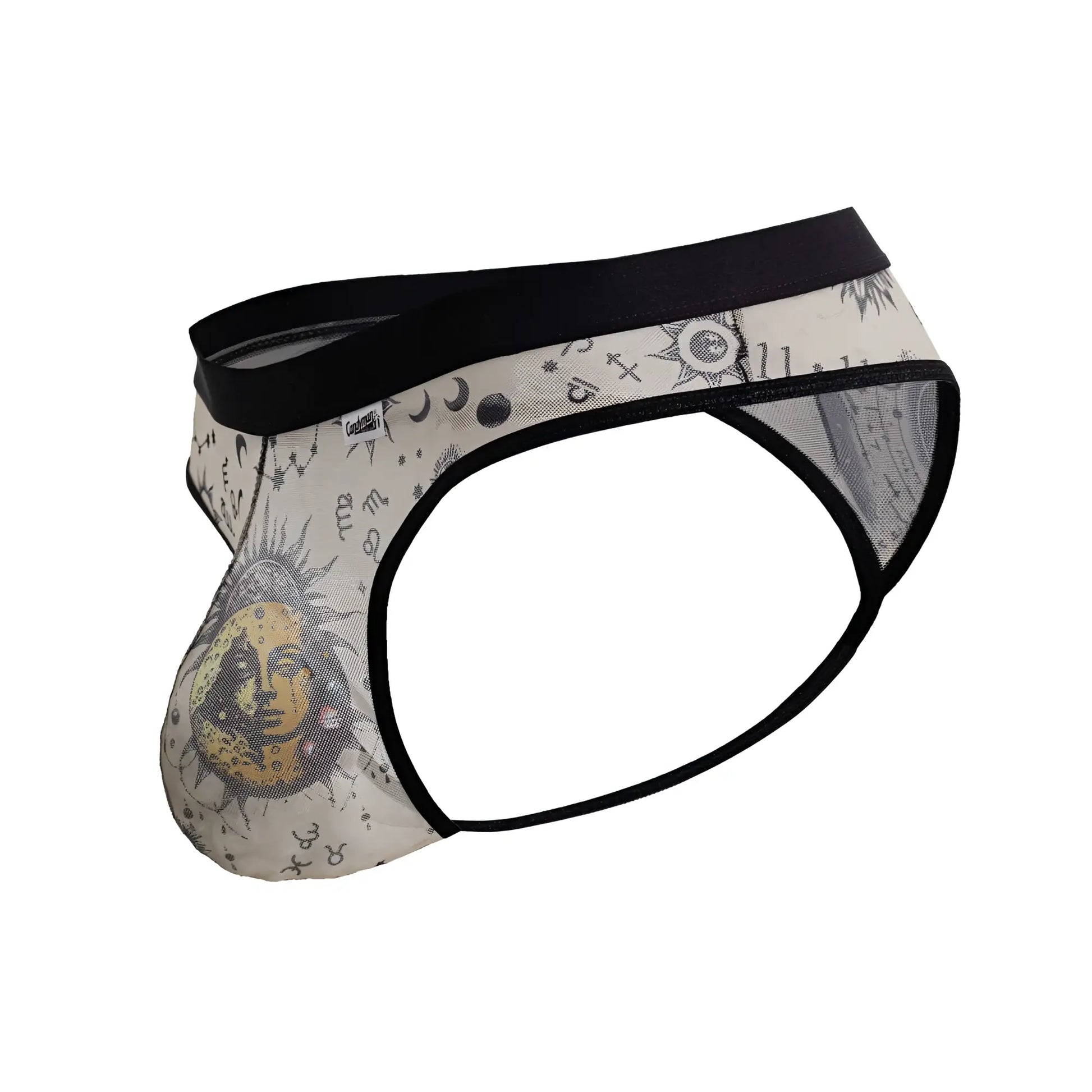 Cream-colored cream mens briefs with black elastic waistband and celestial sun moon star design by candyman