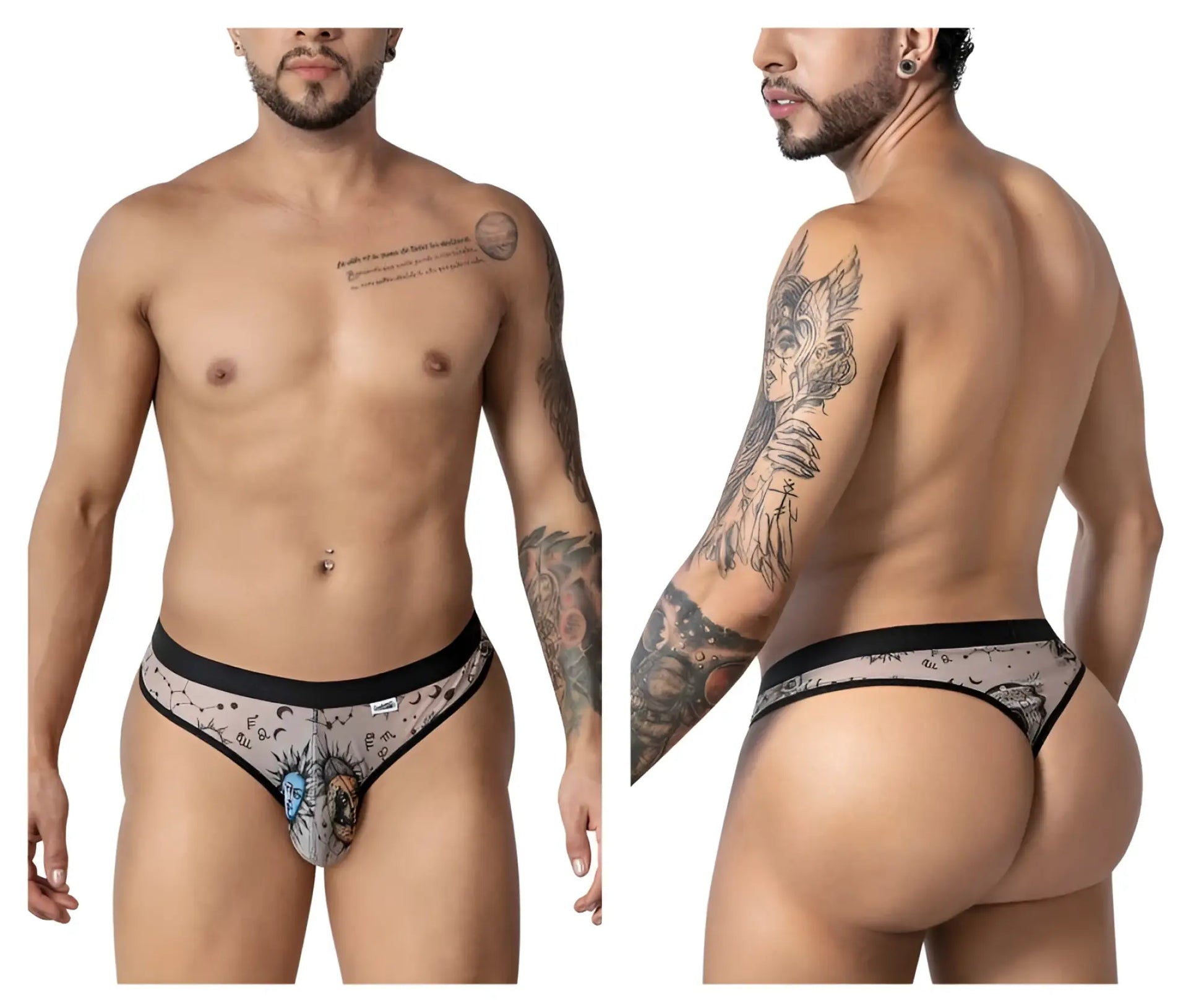 Black and gray patterned mens briefs with sun moon stars and constellations celestial design by candyman
