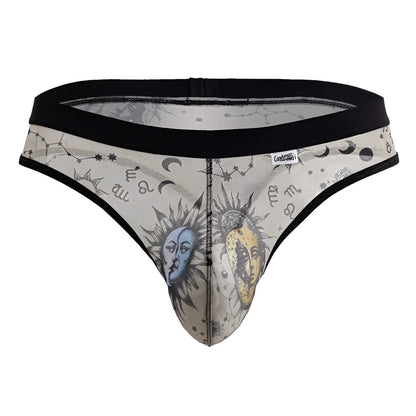 CandyMan 99885 sun moon thong in sheer beige mesh with black trim featuring celestial sun moon and zodiac designs
